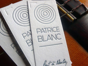Étiquette letterpress du luthier guitare Patrice Blanc